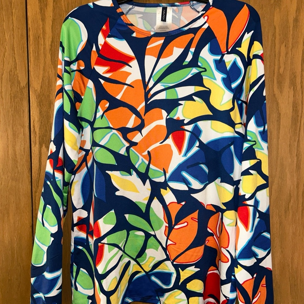 Nautica Trade Wind Rashguard Multicolor Leaf Print Long Sleeve Swim  Top